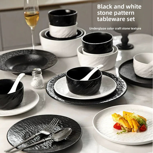 Cerelith dinnerware black and white color matching pro-luxury rock pattern dinnerware set