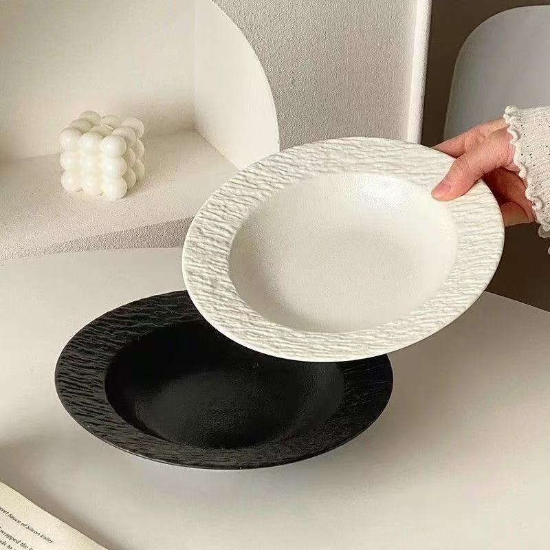 Cerelith Black and White Rock Ceramic Plates for Pasta Breakfast