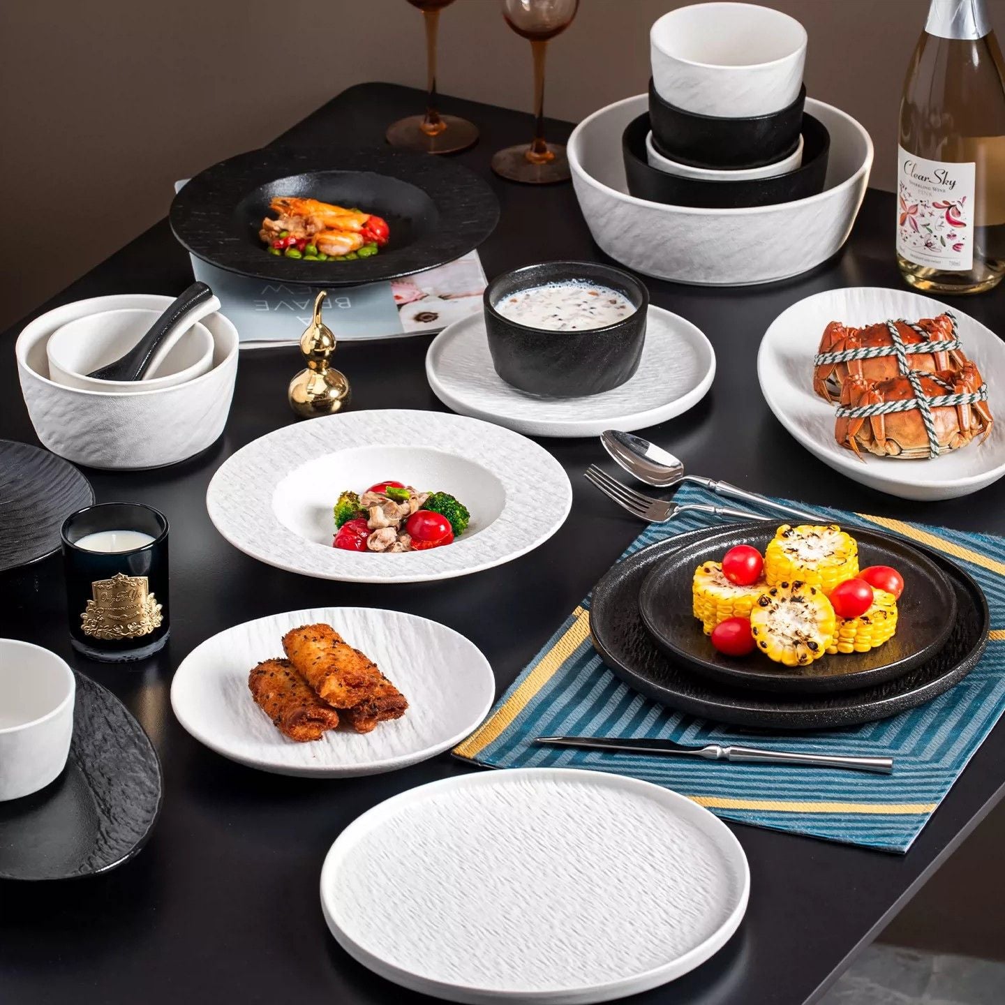 Cerelith Black and White Rock Dinnerware Sets for 4 Ceramic Bowls, Plates, Tableware Set