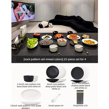Cerelith Black and White Rock Dinnerware Sets for 4 Ceramic Bowls, Plates, Tableware Set