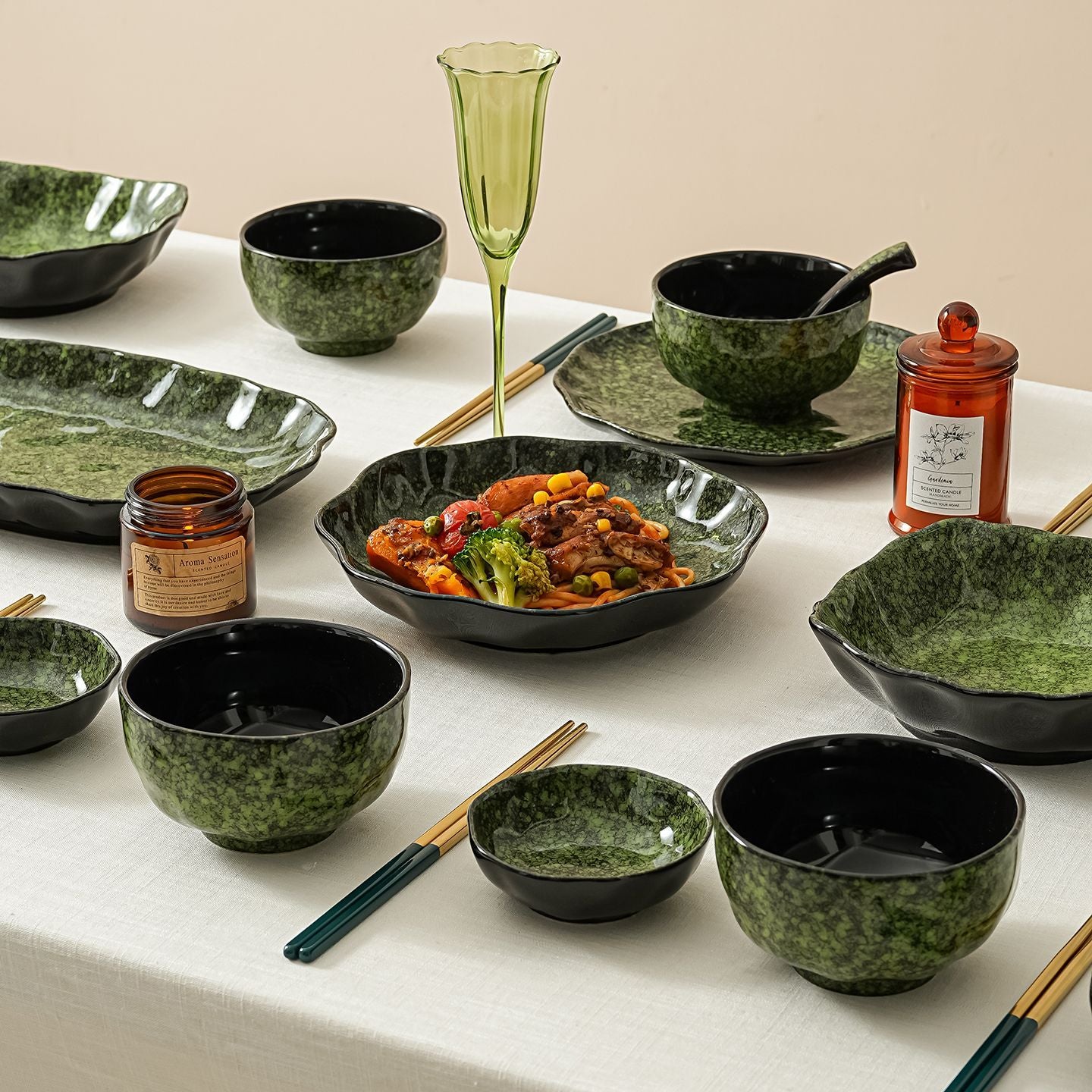 Cerelith Retro Green  Underglaze Color Dishes Dinnerware Set, Tableware