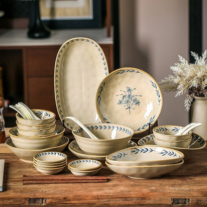 Cerelith dinnerware sets Retro blue-painted blue flower branches and leaves tableware