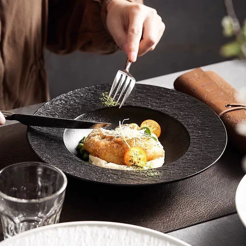 Cerelith Black and White Rock Ceramic Plates for Pasta Breakfast