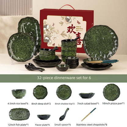 Cerelith Retro Green  Underglaze Color Dishes Dinnerware Set, Tableware