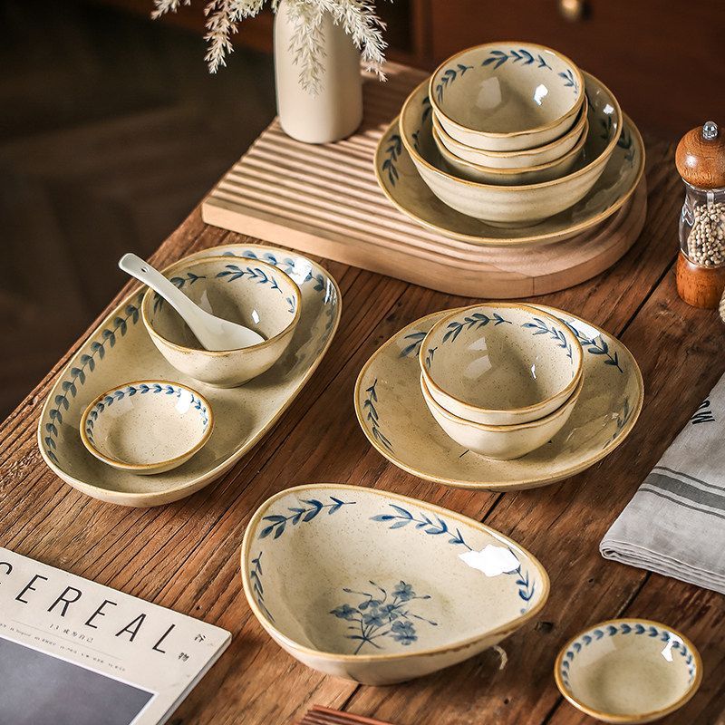 Cerelith dinnerware sets Retro blue-painted blue flower branches and leaves tableware
