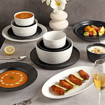 Cerelith Black and White Rock Dinnerware Sets for 4 Ceramic Bowls, Plates, Tableware Set
