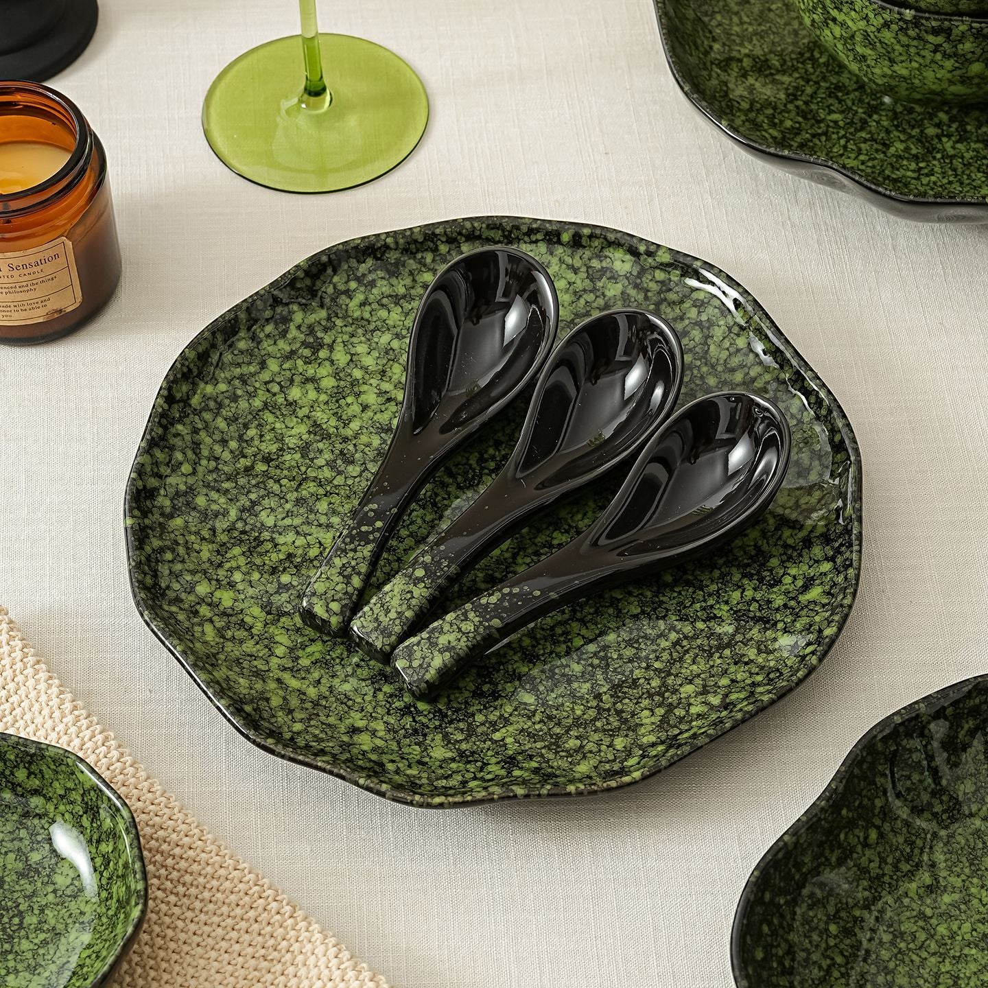 Cerelith Retro Green  Underglaze Color Dishes Dinnerware Set, Tableware