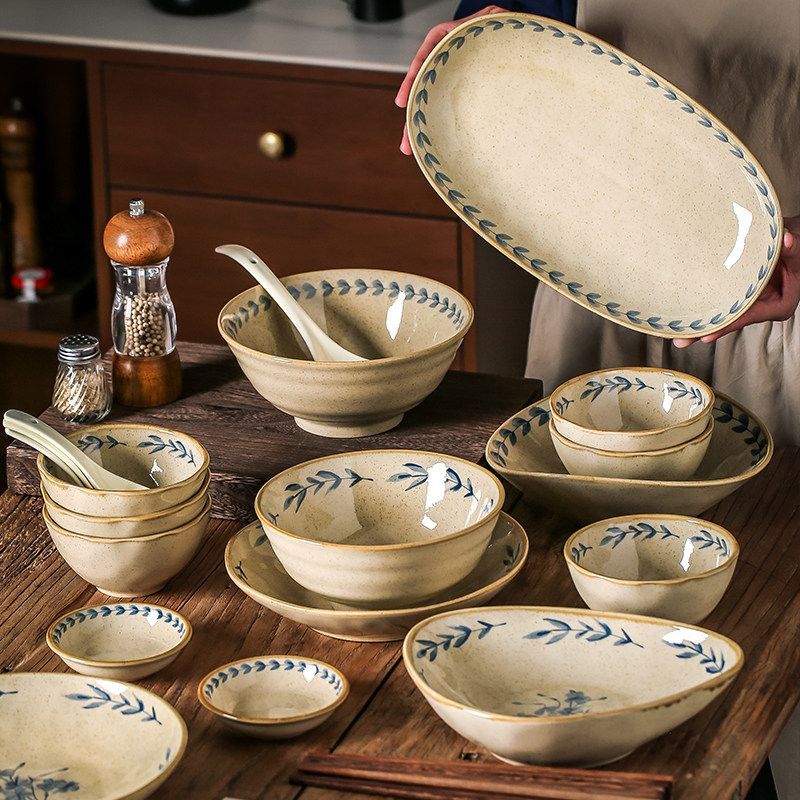 Cerelith dinnerware sets Retro blue-painted blue flower branches and leaves tableware
