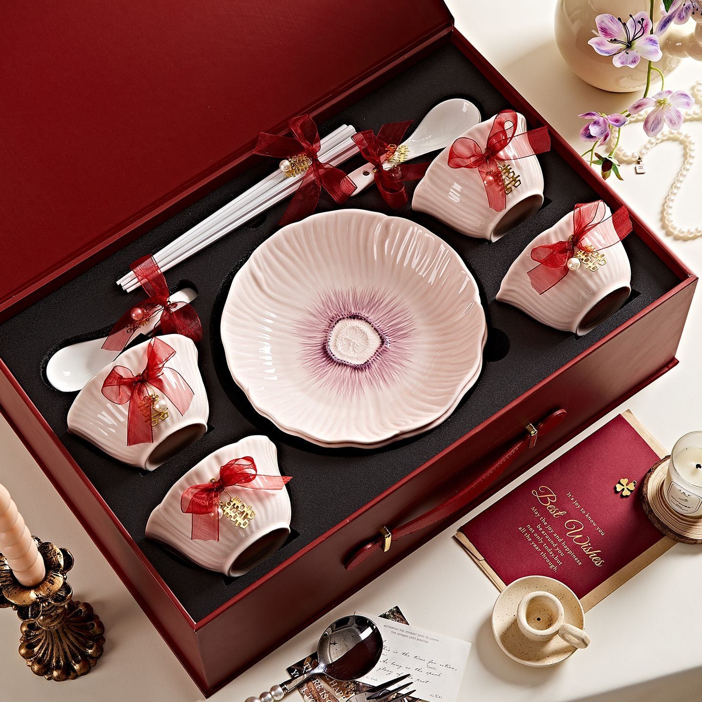 Cerelith Dinnerware Sets Bowl Set Underglaze Flower Ceramic Tableware Set Full Set of 4