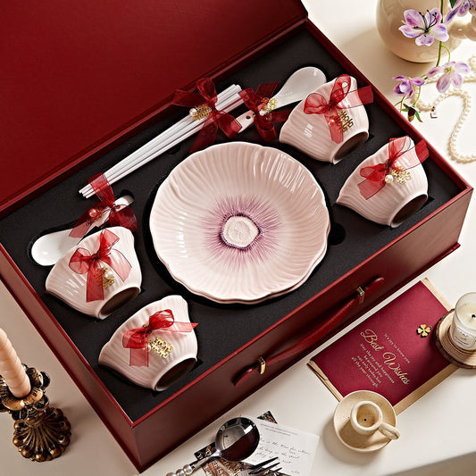 Cerelith Dinnerware Sets Bowl Set Underglaze Flower Ceramic Tableware Set Full Set of 4