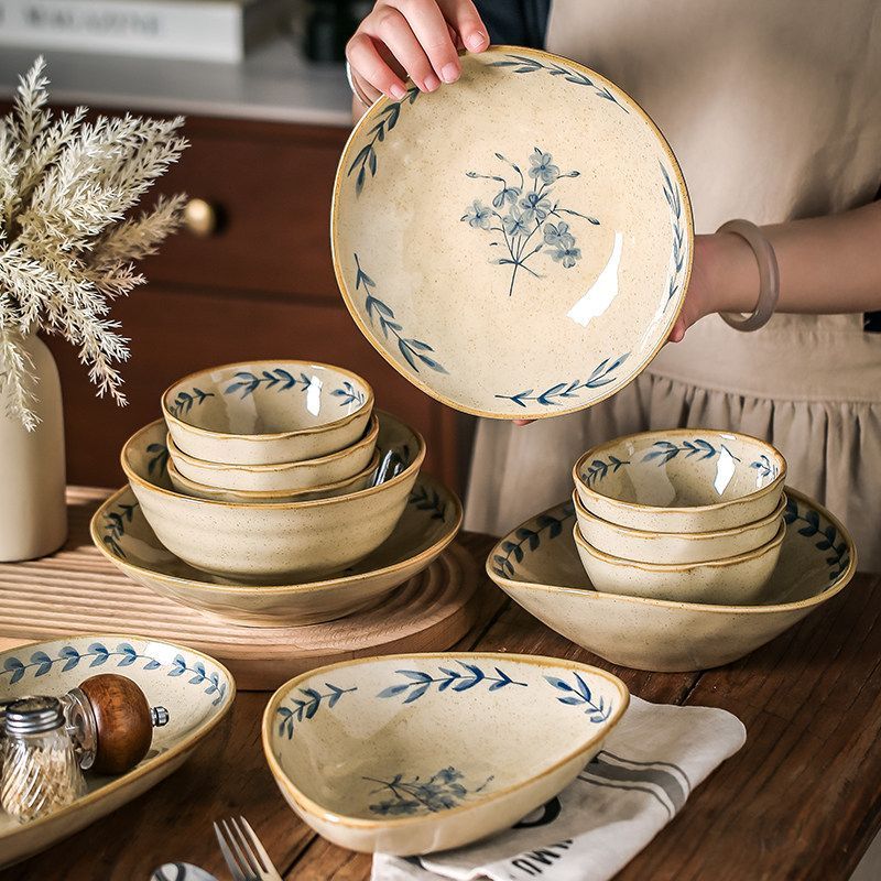 Cerelith dinnerware sets Retro blue-painted blue flower branches and leaves tableware