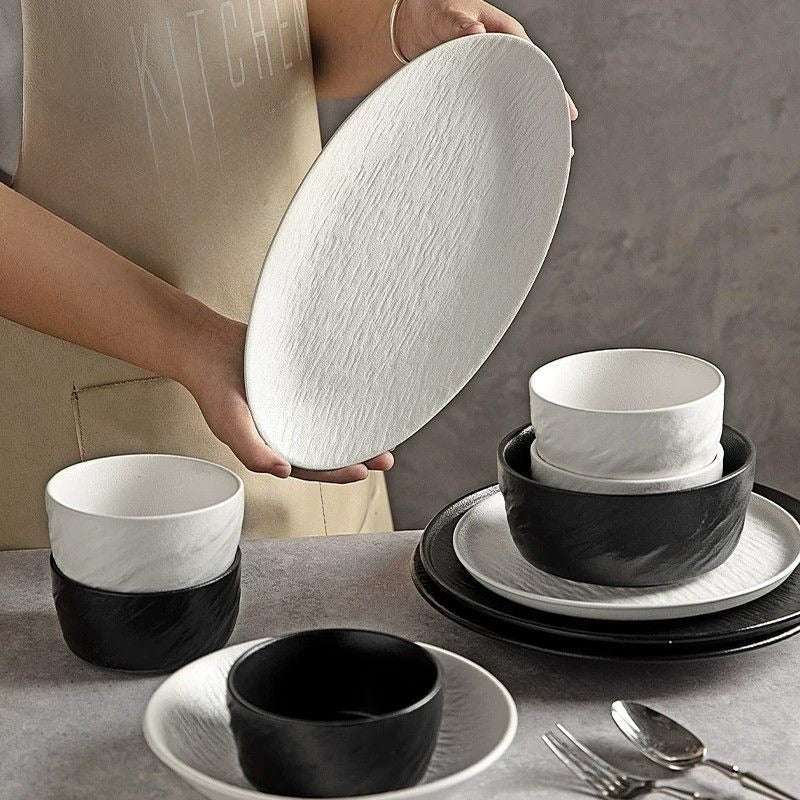 Cerelith Black and White Rock Dinnerware Sets for 4 Ceramic Bowls, Plates, Tableware Set