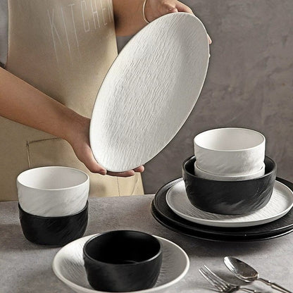 Cerelith Black and White Rock Dinnerware Sets for 4 Ceramic Bowls, Plates, Tableware Set