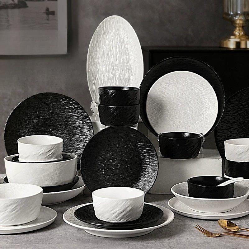 Cerelith Black and White Rock Dinnerware Sets for 4 Ceramic Bowls, Plates, Tableware Set