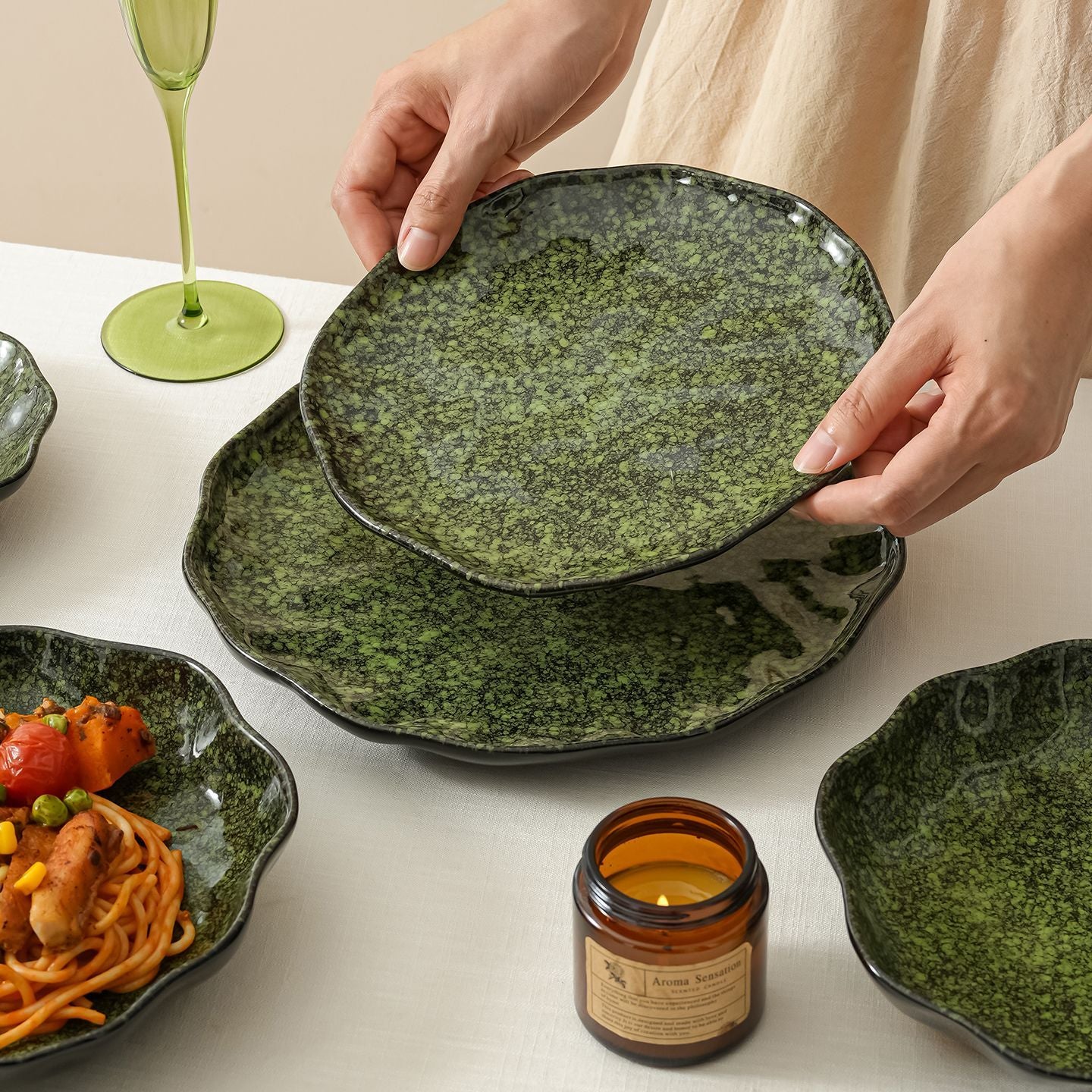 Cerelith Retro Green  Underglaze Color Dishes Dinnerware Set, Tableware