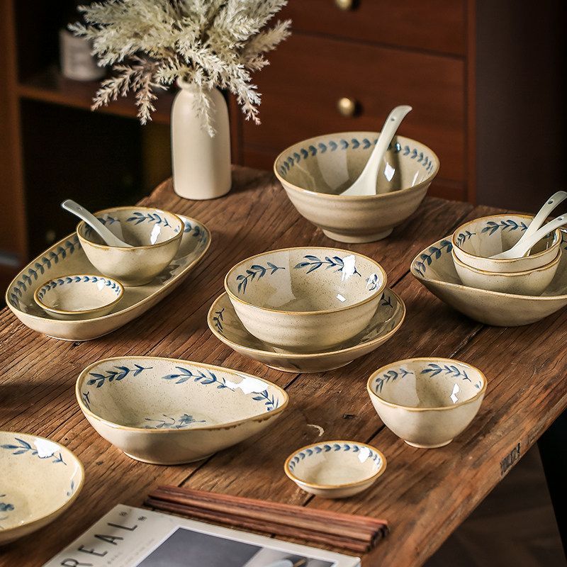 Cerelith dinnerware sets Retro blue-painted blue flower branches and leaves tableware