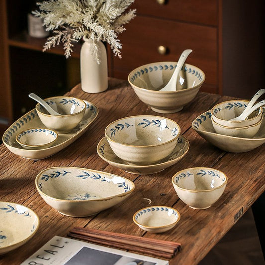 Cerelith dinnerware sets Retro blue-painted blue flower branches and leaves tableware