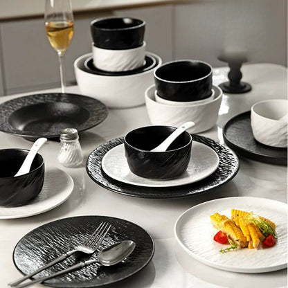 Cerelith Black and White Rock Dinnerware Sets for 4 Ceramic Bowls, Plates, Tableware Set