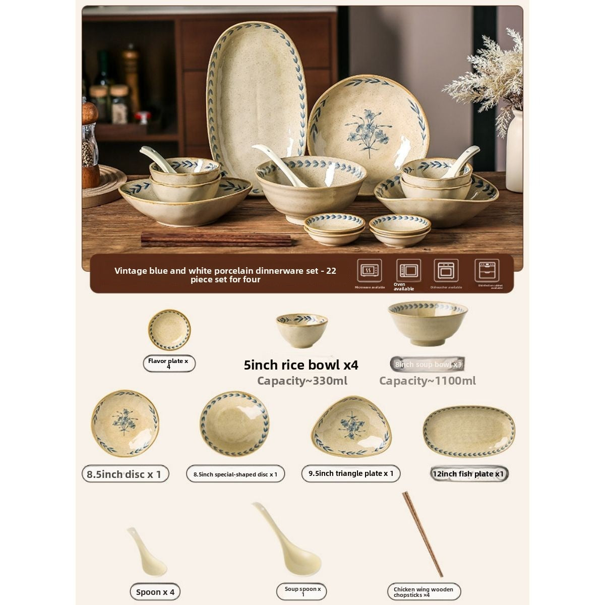 Cerelith dinnerware sets Retro blue-painted blue flower branches and leaves tableware