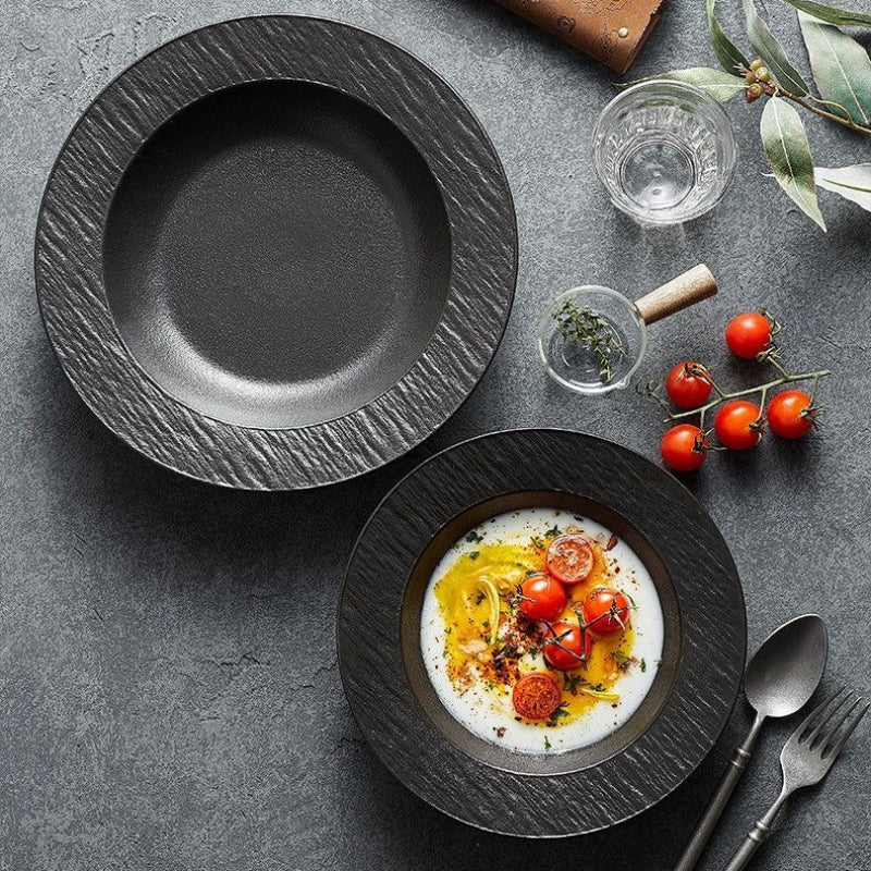 Cerelith Black and White Rock Ceramic Plates for Pasta Breakfast