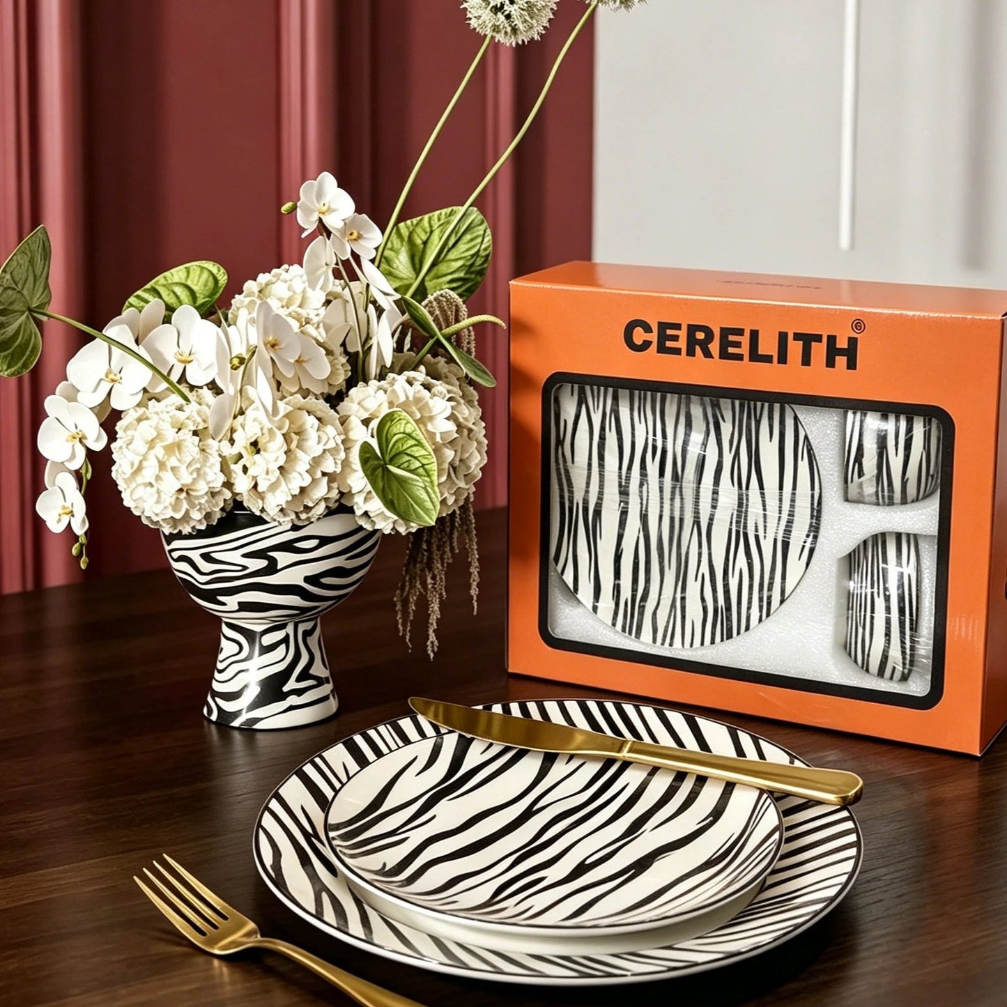 Cerelith 24 Piece Zebra Noir Bold Dinnerware Set For 8